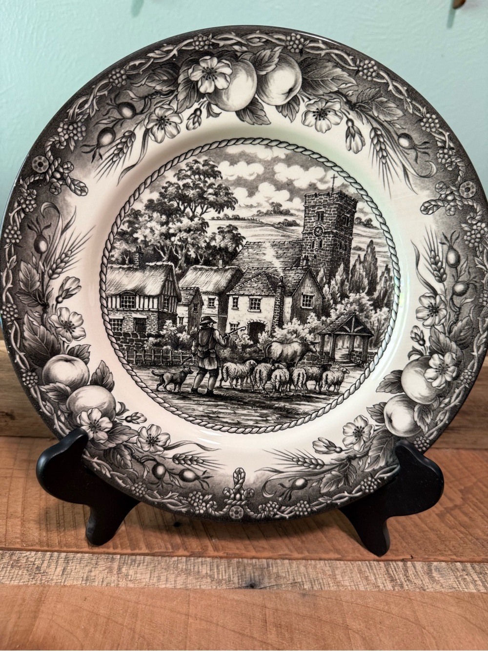 Royal Stafford ‘Herdsman’ with sheep. Black and white transferware.